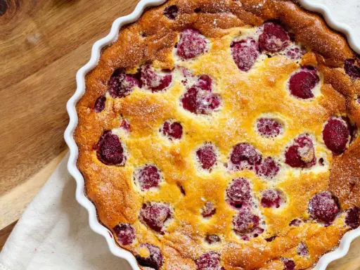 Un délicieux clafoutis framboise tout juste sorti du four, saupoudré de sucre glace. Parfait pour un goûter gourmand.