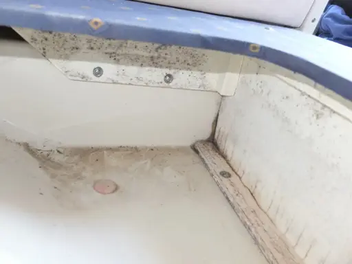 Le fond de cale d'un bateau, sale et moisi, avec des traces d'humidité et de débris.