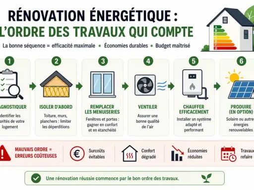 Schéma des travaux de second oeuvre pour une rénovation énergétique : diagnostic, isolation, menuiseries, ventilation, chauffage, production d'énergie.
