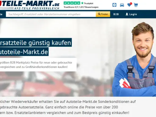 Lächelnder Mechaniker mit Werkzeug und Autoteile-Markt.de Logo.
