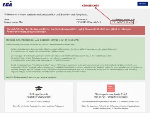 Dashboard für UAS-Betreiber mit Kennzeichen und Hinweisen zur Drohnenanmeldung. Hier wird die UAS-Betreiber-Nummer (e-ID) angezeigt.