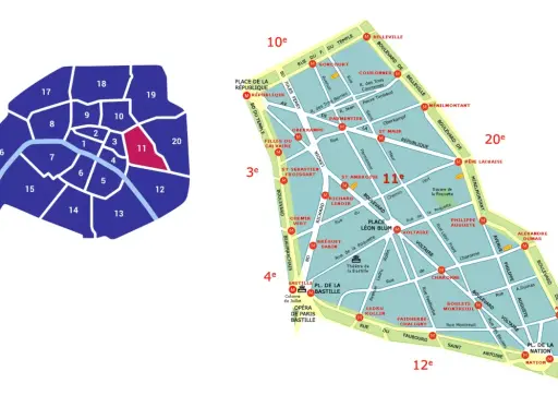 Mapa Paryża z zaznaczonymi dzielnicami (arrondissements). Dzielnica 11 jest wyróżniona kolorem czerwonym.