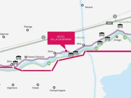 Mappa della ciclovia del Brenta, con hotel Villa Gasparini, da Padova a Fusina, passando per Stra, Mira e Oriago.