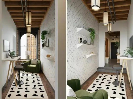 Industriell inredning inspiration: En grön soffa, ett skrivbord med pall och en matta med grafiskt mönster i en modern hall.