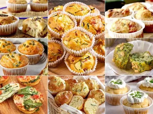 Muffin salati morbidissimi con piselli, zucchine, pomodoro e spinaci. Alcuni con formaggio e pinoli, altri con panna e erba cipollina.