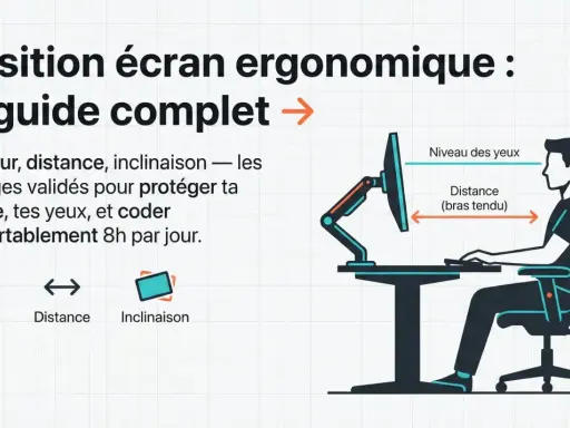 Guide pour la hauteur écran pc, distance et inclinaison. Optimisez votre poste de travail pour coder confortablement.