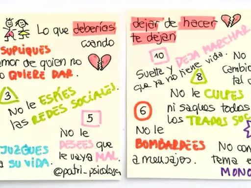 Listas de consejos para superar una decepción de pareja: no supiques amor, no te culpes, no juzgues, no espiar redes, no desees mal, no bombardees, no prometas cambios, suelta y deja marchar.