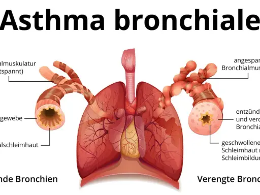 Vergleich gesunder und verengter Bronchien bei Asthma. Symptome wie angespannte Muskulatur und Schleimbildung führen zu Atemnot.