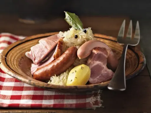 Assiette de choucroute garnie, évoquant son origine alsacienne, avec saucisses, lard, jambon et pommes de terre.