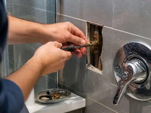 Plombier ajustant une pièce de robinetterie avec un tournevis. Un flexible renforcé est visible dans le mur.