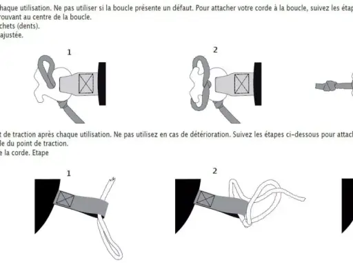 Illustrations montrant comment attacher une corde à un palonnier bateau, étape par étape.