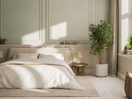 Chambre paisible avec lit douillet, murs aux moulures élégantes et une plante verte. Idée de deco peinture chambre pour une ambiance sereine.