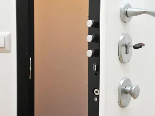 Detalle de una puerta de seguridad con varios tipos de cerraduras y un cerrojo con llave.