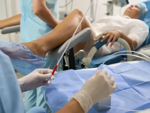 Person w rękawiczkach przygotowuje się do procedury, która może pomóc w oddawaniu moczu po wyjęciu cewnika. Pacjentka leży na fotelu ginekologicznym.
