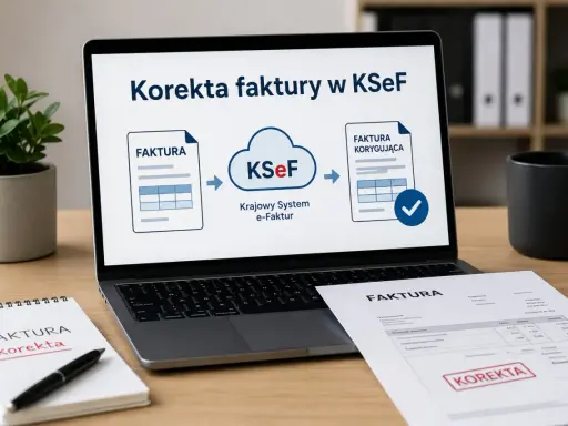 Korekta faktury w KSeF – schemat ilustruje proces wysyłki faktury korygującej do Krajowego Systemu e-Faktur.