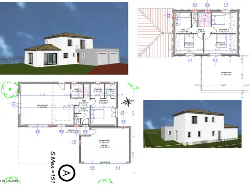 Plan d'une maison modulaire avec garage double, pièce de vie spacieuse, 4 chambres et terrasse sur le toit.