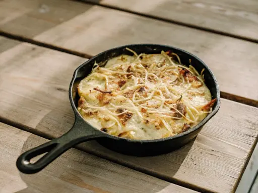 Gratin dauphinois, une spécialité Auvergne, doré et gratiné dans sa poêle en fonte sur une table en bois.