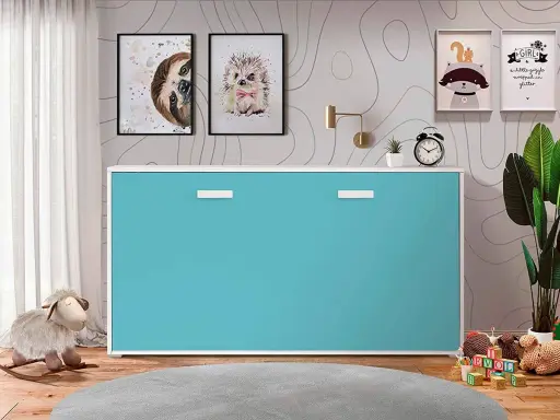 Un moderno somier abatible vertical de color turquesa, ideal para optimizar el espacio en habitaciones infantiles.