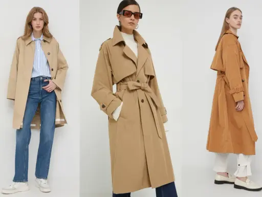 Trzy kobiety prezentują różne modele trenczy – klasyczny beżowy, elegancki camelowy i brązowy.