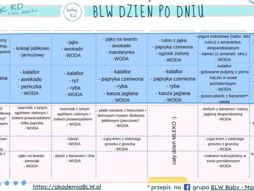 Tabela z propozycjami posiłków na rozszerzanie diety niemowlaka. Tydzień 5 i 6, różne opcje śniadań, obiadów i kolacji.