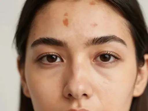Gros plan sur le front d'une jeune femme, montrant plusieurs taches de soleil, des marques laissées par le soleil.