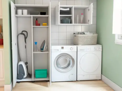 Lavadora, secadora y armario con aspiradora, plancha y productos de limpieza. Ideas para un lavadero funcional y ordenado.