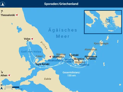 Sporaden Karte: Route von Volos über Skiathos, Skopelos und Alonissos im Ägäischen Meer. Gesamtdistanz 130 sm.