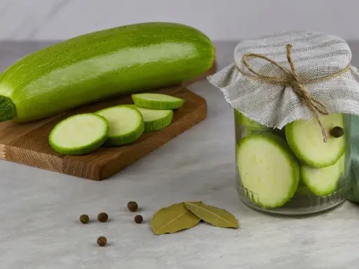Frische Zucchini und Scheiben auf einem Holzbrett, daneben ein Glas mit eingelegten Zucchinischeiben. Perfekt zum Zucchini fermentieren.