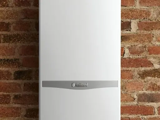 Caldaia Vaillant bianca, con logo, montata su parete in mattoni. Le dimensioni della caldaia sono compatte per adattarsi a spazi ridotti.