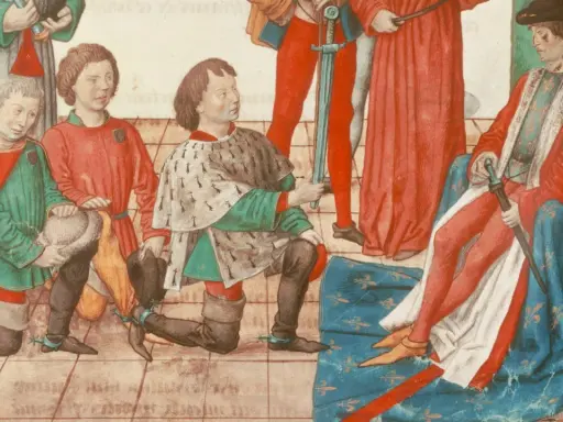 Männer in mittelalterlicher Kleidung, einige kniend, zeigen ritterliche Tugenden. Ein Mann auf einem Thron hält ein Schwert.