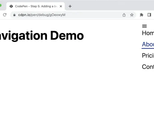 Strona demonstracyjna nawigacji z menu CSS. Widoczny tytuł "Navigation Demo" i lista opcji: Home, About us, Pricing, Contact.
