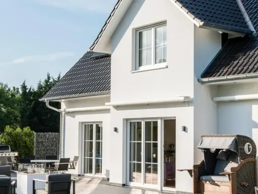 Modernes Haus mit weißen Wänden, dunklem Dach und großer Terrasse. Verschiedene haus stile sind hier vereint, von der Fassade bis zur Gartengestaltung.