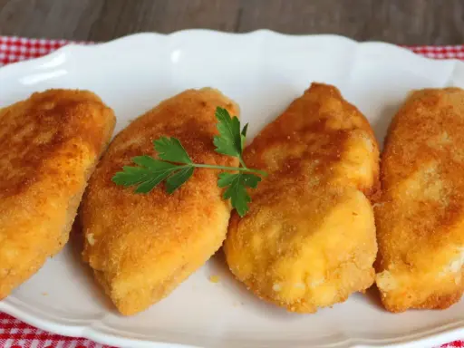 Cuatro pechugas villaroy doradas y crujientes, servidas en un plato blanco con una ramita de perejil.