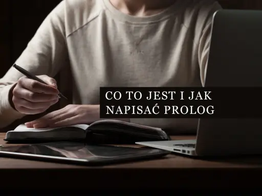 Osoba pisze piórem w notatniku, obok leży tablet i laptop. Tekst na ekranie: "Co to jest i jak napisać prolog".