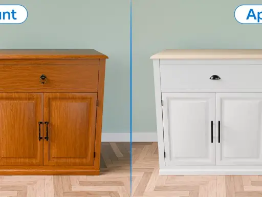 Avant/Après : un meuble en bois vernis transformé en blanc. Découvrez comment repeindre un meuble pour un relooking complet.
