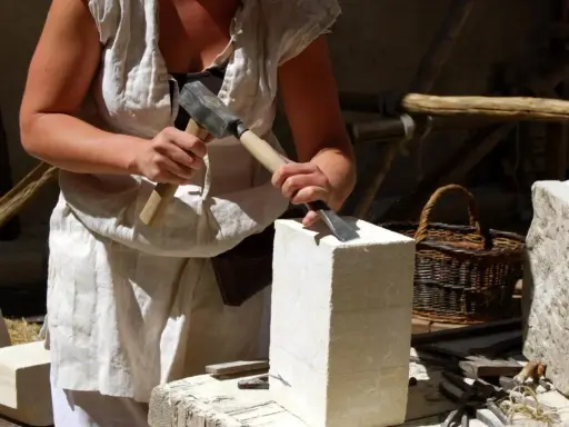 Un artisan tailleur de pierre travaille la pierre avec un marteau et un ciseau.