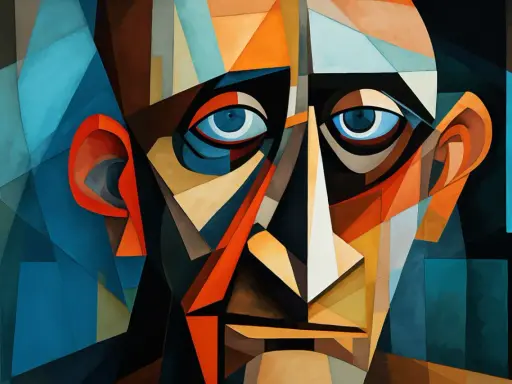 Ansikte i Picasso kubism, fragmenterat i geometriska former och starka färger.