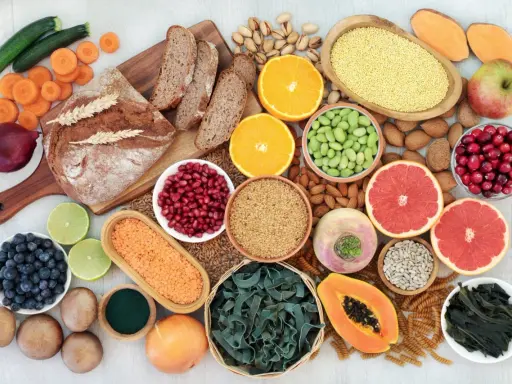 Vielfalt an ballaststoffe produkten: Vollkornbrot, Linsen, Beeren, Nüsse, Obst und Gemüse für eine gesunde Ernährung.