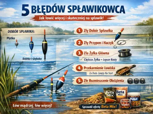 Ilustracja pokazuje 5 błędów w łowieniu na spławik, od złego doboru spławika po złe rozmieszczenie obciążenia.