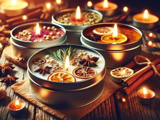 Bougies parfumées à l'huile essentielle, décorées d'agrumes séchés, d'épices et de romarin, sur fond de bois rustique.