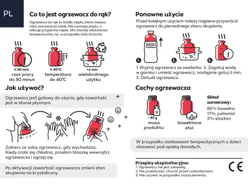 Ogrzewacz do rąk z blaszką: po przełamaniu aktywuje się, zmieniając stan skupienia i dając ciepło. Wielokrotnego użytku, działa do 30 min.