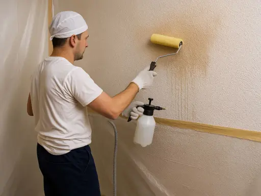 Hombre con rodillo y pulverizador aplica producto para como quitar gotele de la pared.