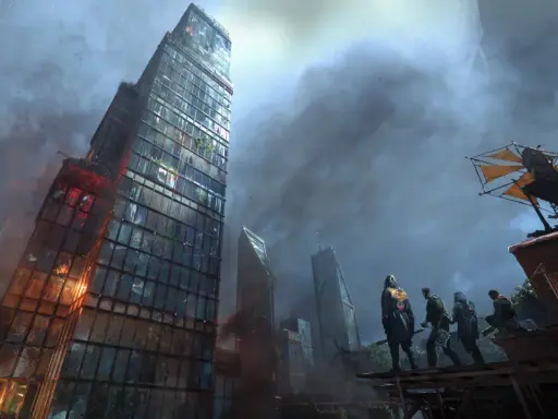 Grupa ocalałych na dachu obserwuje zniszczone miasto. To może być kluczowy moment w grze Dying Light 2 poradnik.