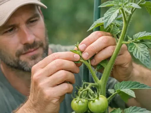 Un jardinier examine une jeune pousse de tomate, s'assurant de la bonne croissance de cette variete de tomate.