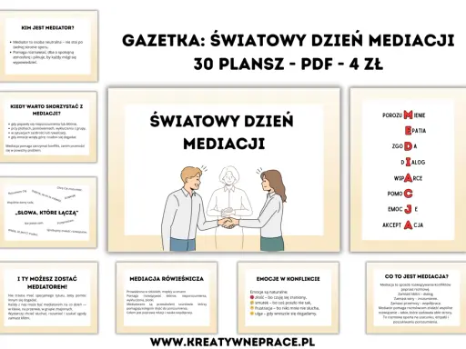 Ilustracja przedstawia mediację: mediator pomaga dwóm osobom w rozwiązaniu konfliktu. Pytania zadawane przez mediatora pomagają w dialogu.