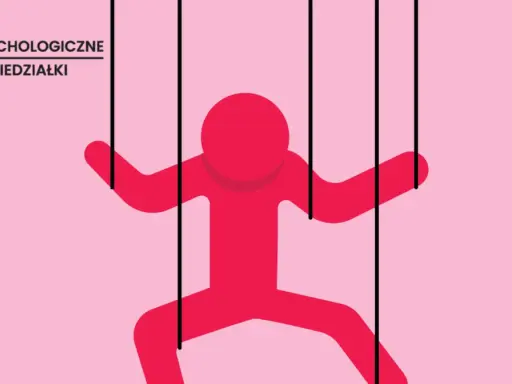 Czerwona postać jak marionetka, sterowana sznurkami, symbolizuje, jak manipulować ludźmi. Logo "Psychologiczne Poniedziałki".