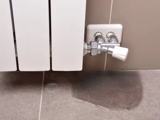 Un radiador que gotea deja un charco de agua en el suelo de baldosas, señal de un problema de fontanería.