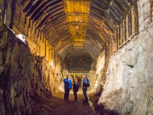 Trzech turystów w kaskach oświetla latarkami drewniany tunel. Czy to osówka czy włodarz?
