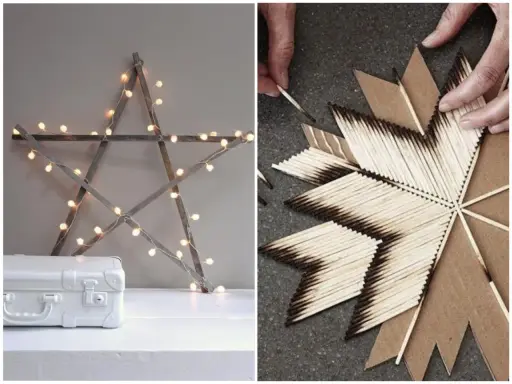 Étoile de Noël en bois et guirlande lumineuse, et une autre étoile en allumettes brûlées. Idées de deco de noel a faire soi meme pour adulte.