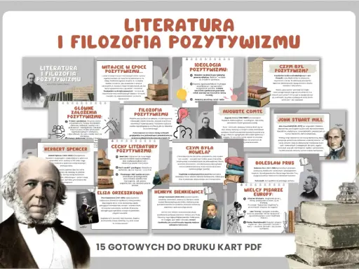 Ilustracja przedstawia karty pracy o pozytywizmie, ukazując jego główne założenia, cechy literatury i wielkich pisarzy. W tle widać portrety pisarzy, książki i pióra, symbolizujące epokę, w której dominował patriarchat.